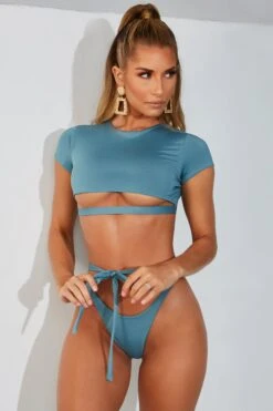 Spill The Tea Tie Waist Thong Bikini Bottoms In Teal -Sway Line Zone 1824 teal thong edit3t