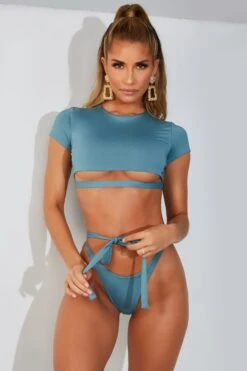 Spill The Tea Tie Waist Thong Bikini Bottoms In Teal -Sway Line Zone 1824 teal thong edit6t