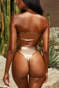 Metallic Tie Front Bandeau Bikini Top In Bronze 24 Metallic Tie Front Bandeau Bikini Top In Bronze -Sway Line Zone 2301 12 gold coast bronze metallic bandeau knot bikini high rise bottoms thong