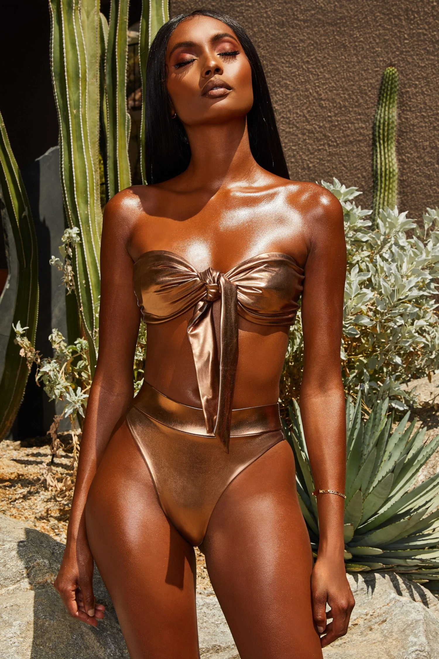 Metallic Tie Front Bandeau Bikini Top In Bronze 3 Metallic Tie Front Bandeau Bikini Top In Bronze - Image 3