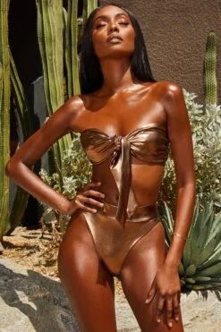 Metallic Tie Front Bandeau Bikini Top In Bronze
