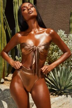 Metallic Tie Front Bandeau Bikini Top In Bronze 19 Metallic Tie Front Bandeau Bikini Top In Bronze -Sway Line Zone 2301 6 gold coast bronze metallic bandeau knot bikini high rise bottoms