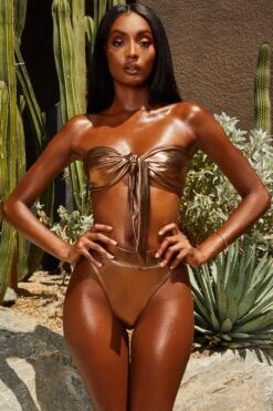 Metallic Tie Front Bandeau Bikini Top In Bronze 18 Metallic Tie Front Bandeau Bikini Top In Bronze -Sway Line Zone 2301 7 gold coast bronze metallic bandeau knot bikini high rise bottoms