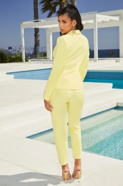 Down To Business High Waisted Trousers In Pastel Yellow 10 Down To Business High Waisted Trousers In Pastel Yellow -Sway Line Zone 2362 9 down to business pastel yellow blazer trousers suit 1