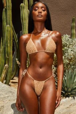 Embellished Thong Micro Bikini Bottoms In Rose Gold