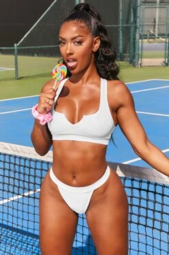 High Waisted Thong Bikini Bottoms In White -Sway Line Zone 2493 1 chase the sun white deep v bust flattering high waisted two piece swimwear two piece 1