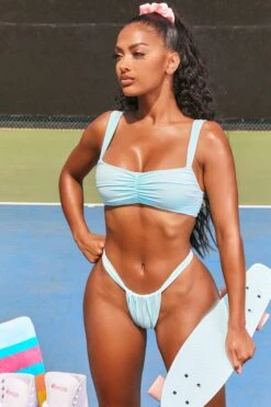 Ruched Micro Thong Bikini Bottoms In Blue -Sway Line Zone 2494 4 vacay pending blue ruched high waisted thong bikini bottoms bust flattering bikini top two piece swimwear 1