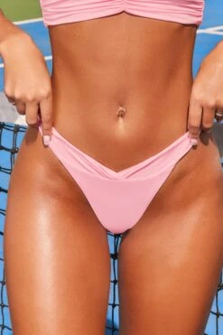 V-Shaped Thong Bikini Bottoms In Pink -Sway Line Zone 2496 7 beach club pink ruched high waisted two piece swimwear bikini 1