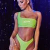 Vinyl One Shoulder Asymmetrical Bikini Top In Lime