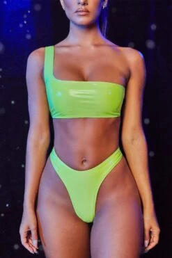Vinyl One Shoulder Asymmetrical Bikini Top In Lime -Sway Line Zone 2504 3 escape reality lime one shoulder strap vinyl high rise bikini