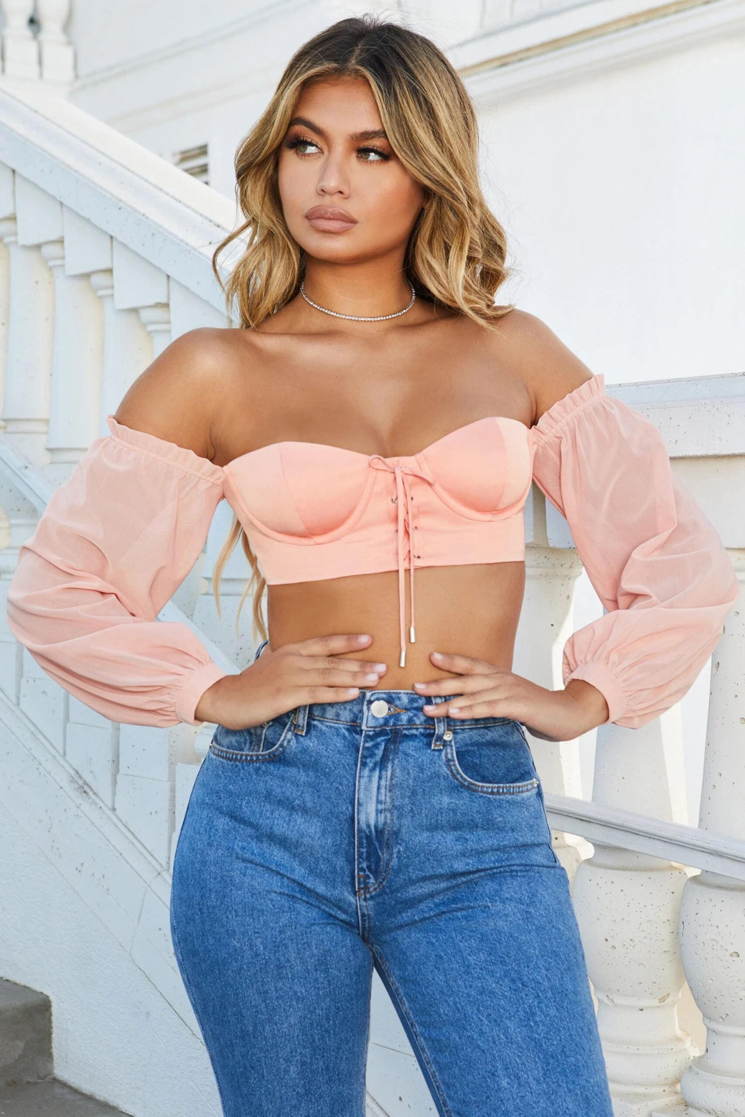 Dazed By You Off The Shoulder Underwired Crop Top In Peach 2 Dazed By You Off The Shoulder Underwired Crop Top In Peach - Image 2