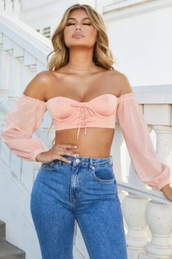 Dazed By You Off The Shoulder Underwired Crop Top In Peach 14 Dazed By You Off The Shoulder Underwired Crop Top In Peach -Sway Line Zone 2518 4 dazed by you peach off shoulder bardot mesh sleeve underwire crop top corset
