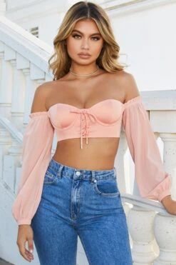 Dazed By You Off The Shoulder Underwired Crop Top In Peach 13 Dazed By You Off The Shoulder Underwired Crop Top In Peach -Sway Line Zone 2518 5 dazed by you peach off shoulder bardot mesh sleeve underwire crop top corset