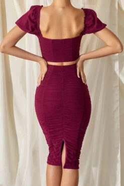 Ruched Mesh Bodycon Midi Skirt In Plum 14 Ruched Mesh Bodycon Midi Skirt In Plum -Sway Line Zone 2794 10 all ruched up plum two piece ruched buff sleeves short crop top midi skirt ruched