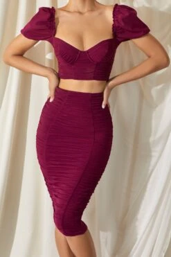 Ruched Mesh Bodycon Midi Skirt In Plum 12 Ruched Mesh Bodycon Midi Skirt In Plum -Sway Line Zone 2794 6 all ruched up plum two piece ruched buff sleeves short crop top midi skirt ruched
