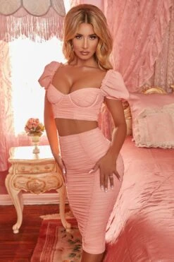 Ruched Mesh Bodycon Midi Skirt In Peach -Sway Line Zone 2794 7 all ruched up peach puff sleeve crop top high waisted midi skirt set c99aa5b4 1a75 45c0 b779 fd8cefdde648