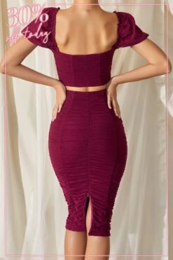Ruched Mesh Bodycon Midi Skirt In Plum 18 Ruched Mesh Bodycon Midi Skirt In Plum -Sway Line Zone 2794back
