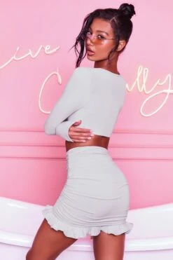 Ruched Bodycon Mini Skirt In Grey 19 Ruched Bodycon Mini Skirt In Grey -Sway Line Zone 3099 tie it up 3409 here for the frill 10 grey front tie bust flattering long sleeve top ruched frill hem mini skirt set 29 1 2