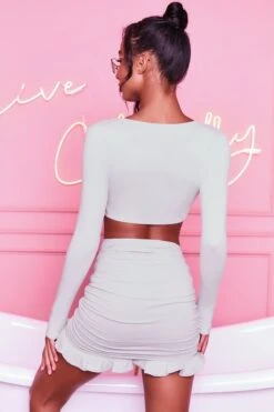 Ruched Bodycon Mini Skirt In Grey 21 Ruched Bodycon Mini Skirt In Grey -Sway Line Zone 3099 tie it up 3409 here for the frill 11 grey front tie bust flattering long sleeve top ruched frill hem mini skirt set 30 1 2