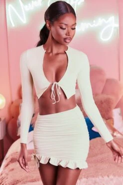 Ruched Bodycon Mini Skirt In Cream 19 Ruched Bodycon Mini Skirt In Cream -Sway Line Zone 3099 tie it up 3409 here for the frill 12 cream front tie bust flattering long sleeve top ruched frill hem mini skirt set 55 1