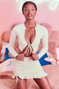 Ruched Bodycon Mini Skirt In Cream