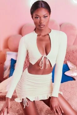 Ruched Bodycon Mini Skirt In Cream 13 Ruched Bodycon Mini Skirt In Cream -Sway Line Zone 3099 tie it up 3409 here for the frill 5 cream front tie bust flattering long sleeve top ruched frill hem mini skirt set 48 1