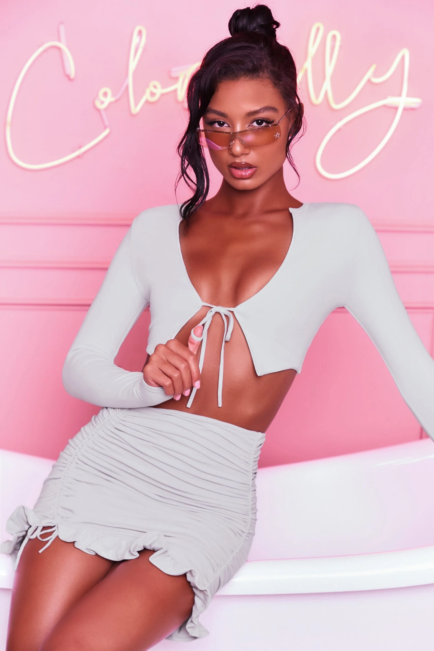 Ruched Bodycon Mini Skirt In Grey 6 Ruched Bodycon Mini Skirt In Grey - Image 6