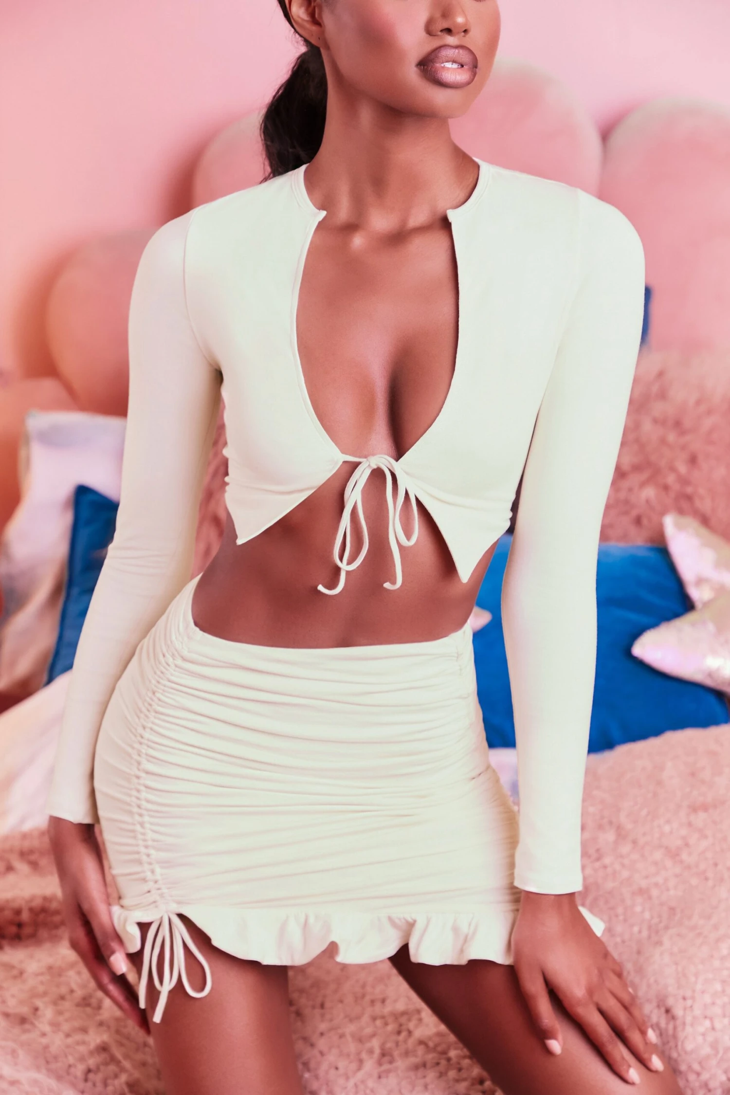 Ruched Bodycon Mini Skirt In Cream 5 Ruched Bodycon Mini Skirt In Cream - Image 5