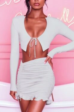 Ruched Bodycon Mini Skirt In Grey 17 Ruched Bodycon Mini Skirt In Grey -Sway Line Zone 3099 tie it up 3409 here for the frill 7 grey front tie bust flattering long sleeve top ruched frill hem mini skirt set 26 1 2
