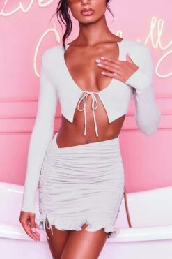 Ruched Bodycon Mini Skirt In Grey 18 Ruched Bodycon Mini Skirt In Grey -Sway Line Zone 3099 tie it up 3409 here for the frill 8 grey front tie bust flattering long sleeve top ruched frill hem mini skirt set 27 1 2