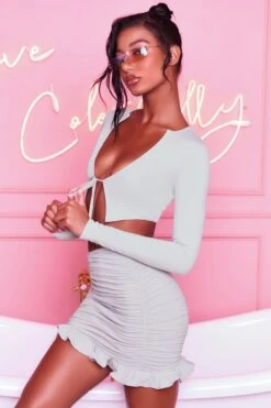 Ruched Bodycon Mini Skirt In Grey 20 Ruched Bodycon Mini Skirt In Grey -Sway Line Zone 3099 tie it up 3409 here for the frill 9 grey front tie bust flattering long sleeve top ruched frill hem mini skirt set 28 1 2