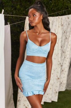 Satin Shirred Mini Skirt In Turquoise -Sway Line Zone 3184 4 summer fever turquoise shirred bust flattering crop top frilled mini skirt set 1