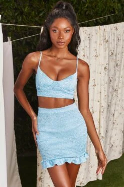 Satin Shirred Mini Skirt In Turquoise -Sway Line Zone 3184 6 summer fever turquoise shirred bust flattering crop top frilled mini skirt set 1