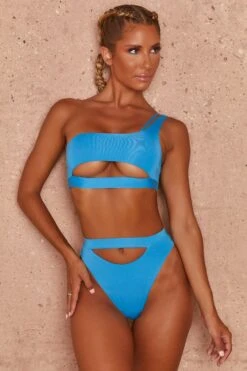 High Waisted Cut Out Thong Bikini Bottoms In Blue -Sway Line Zone 3302 2 scorcher blue cut out one off shoulder bikini two piece set 82a059ba d97a 4d9c a70a e48cba7c0b53