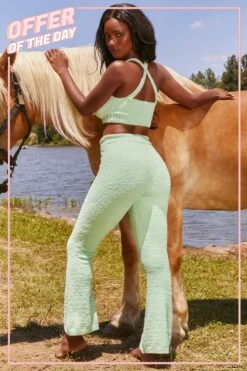 Until Further Notice Cosy Flared Leg Trousers In Green 27 Until Further Notice Cosy Flared Leg Trousers In Green -Sway Line Zone 3343 happy place 3341 until further notice 10 green crop top high waist trousers cosy lounge set 3