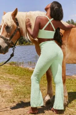 Until Further Notice Cosy Flared Leg Trousers In Green 22 Until Further Notice Cosy Flared Leg Trousers In Green -Sway Line Zone 3343 happy place 3341 until further notice 11 green crop top high waist trousers cosy lounge set