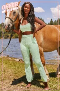 Until Further Notice Cosy Flared Leg Trousers In Green 26 Until Further Notice Cosy Flared Leg Trousers In Green -Sway Line Zone 3343 happy place 3341 until further notice 3 green crop top high waist trousers cosy lounge set 3