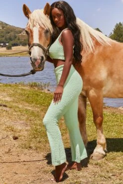 Until Further Notice Cosy Flared Leg Trousers In Green 20 Until Further Notice Cosy Flared Leg Trousers In Green -Sway Line Zone 3343 happy place 3341 until further notice 9 green crop top high waist trousers cosy lounge set