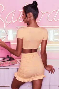 Ruched Bodycon Mini Skirt In Peach -Sway Line Zone 3400 no ties 3409 here for the frill 10 peach front tie plunge crop top capped sleeve high waisted ruched frill skirt 10 2