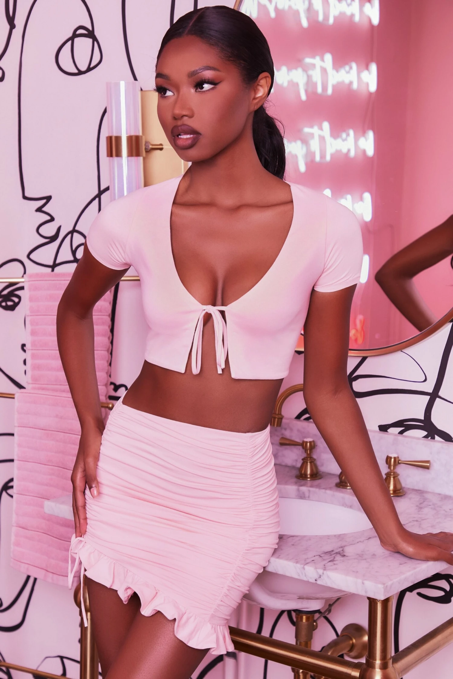 Ruched Bodycon Mini Skirt In Blush 1 Ruched Bodycon Mini Skirt In Blush