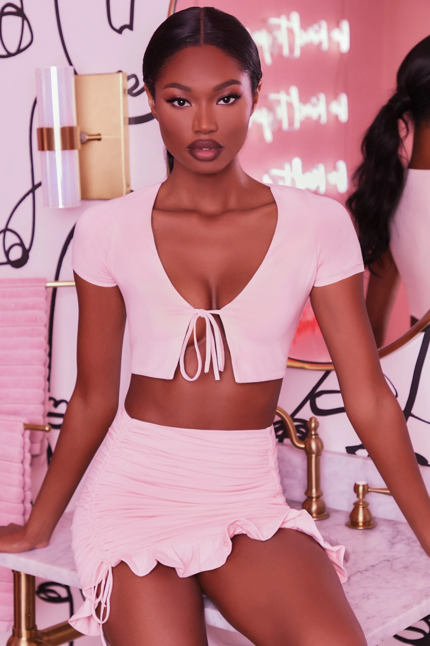 Ruched Bodycon Mini Skirt In Blush 4 Ruched Bodycon Mini Skirt In Blush - Image 4