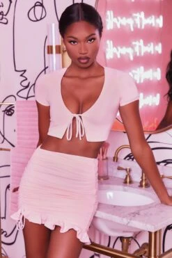 Ruched Bodycon Mini Skirt In Blush 12 Ruched Bodycon Mini Skirt In Blush -Sway Line Zone 3400 no ties 3409 here for the frill 6 blush front tie plunge crop top capped sleeve high waisted ruched frill skirt 3 db43c540 4739 450e 8091 c80b757b15f1