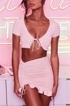 Ruched Bodycon Mini Skirt In Blush 15 Ruched Bodycon Mini Skirt In Blush -Sway Line Zone 3400 no ties 3409 here for the frill 8 blush front tie plunge crop top capped sleeve high waisted ruched frill skirt 8 skirt only 1