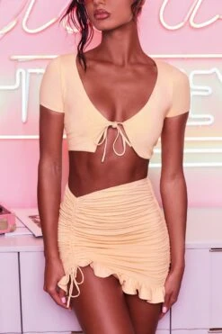 Ruched Bodycon Mini Skirt In Peach -Sway Line Zone 3400 no ties 3409 here for the frill 8 peach front tie plunge crop top capped sleeve high waisted ruched frill skirt 8 2