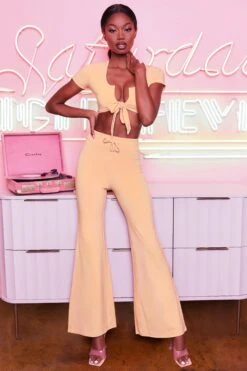 Laid Back Wide Leg Trousers In Peach -Sway Line Zone 3401 take the plunge 3097 laid back 2 peach high waisted flare trousers plunge front tie capped sleeve crop top 13 5 f00f9c28 90c5 4765 90a4 9d1c874f1626