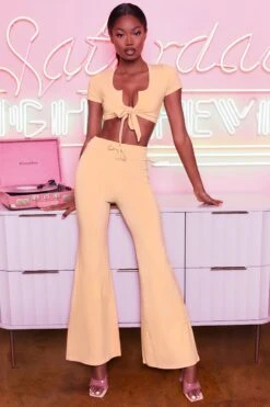 Laid Back Wide Leg Trousers In Peach -Sway Line Zone 3401 take the plunge 3097 laid back 4 peach high waisted flare trousers plunge front tie capped sleeve crop top 15 bottommain 2 e1e1a278 c0b7 4cc8 b910 831b6b34afca