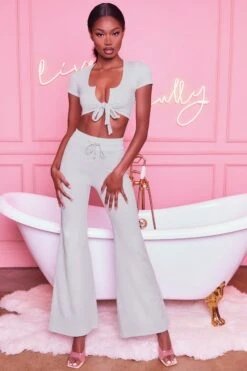 Laid Back Wide Leg Trousers In Grey -Sway Line Zone 3401 take the plunge 3097 laid back 5 grey tie front crop top wide leg trousers lounge two piece 3