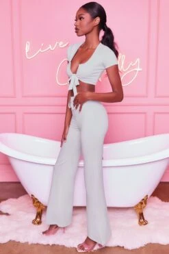 Laid Back Wide Leg Trousers In Grey -Sway Line Zone 3401 take the plunge 3097 laid back 9 grey tie front crop top wide leg trousers lounge two piece 17 1