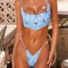 V Shape Thong Bikini Bottoms In Blue Butterfly Print