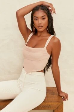 Cowl Neck Mesh Crop Top In Beige -Sway Line Zone 3744 1 turning point beige mesh gathered ruched bust crop top
